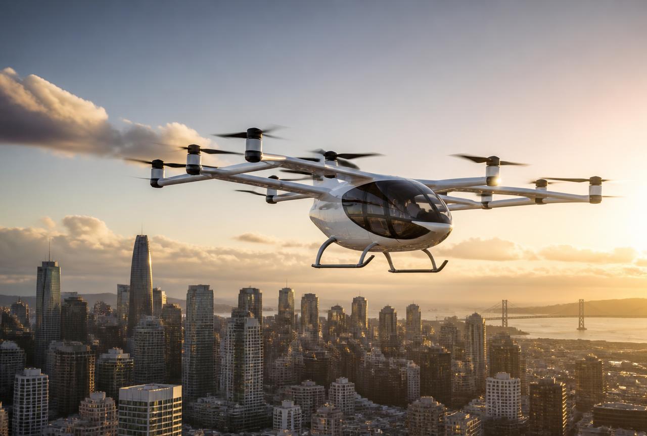 Advanced air mobility vehicle flying above a city helipad skyline