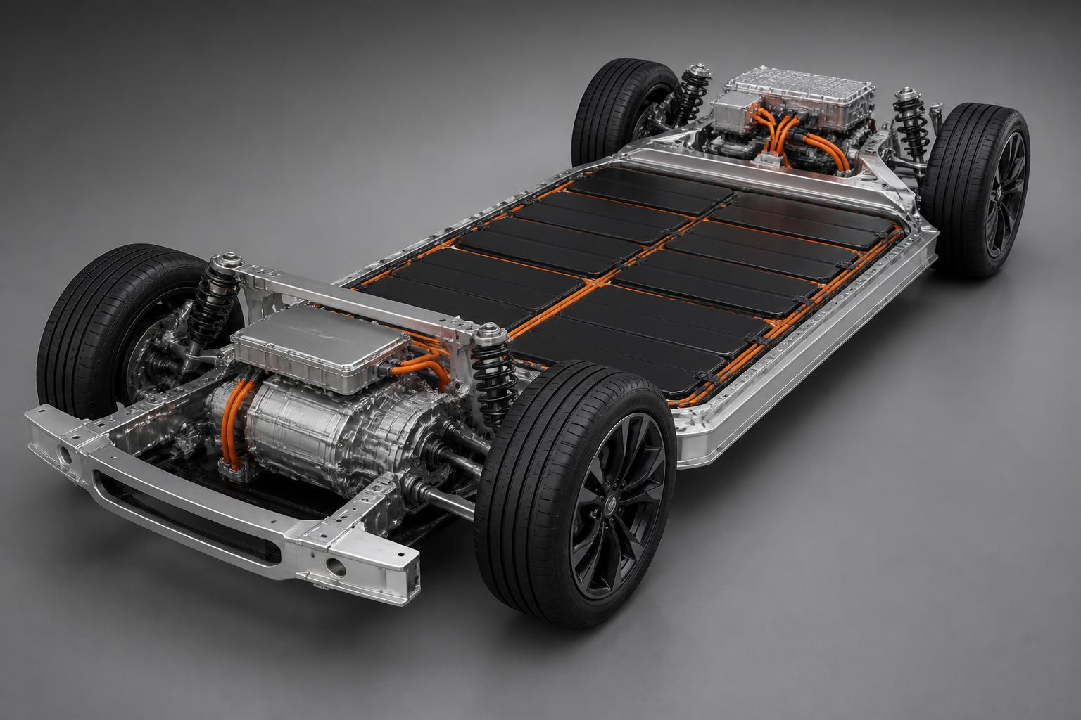 Electric vehicle sub-structure showing battery, e-motor and power electronics